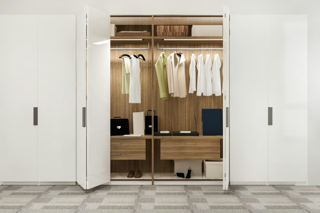 modern white scandinavian wood walk in closet with wardrobe